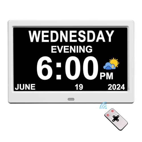 CAZOKASI DST Plug-in (sin batería), reloj digital de memoria de corte de energía con fecha y día de la semana para ancianos, 12 alarmas, recordatorio de medicamentos, demencia, Alzheimer, calendario