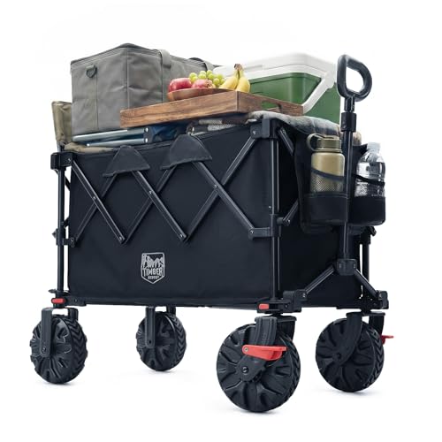 Image of TIMBER RIDGE Folding Festival Trolley on Wheels 250L Foldable Camping Trolley with Brakes, Cup Holder & Adjustable Handle, 150kg Heavy Duty Beach Wagon Cart for Camping Shopping Outdoor Garden Picnic