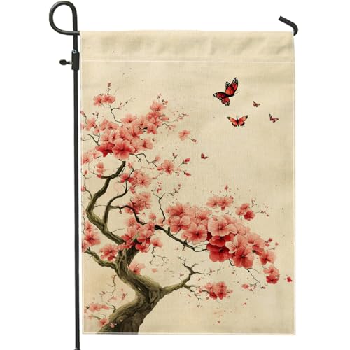 Drapeau de jardin en tissu double face - Motif fleurs de pêche et cerisier - 30,5 x 45,7 cm