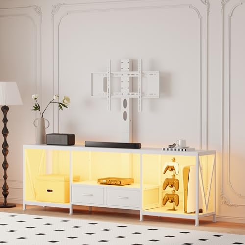 Image of 63 inch W TV Stand with Mount for 55,65,75 inch TV,Entertainment Center with Power Outlet and Led Lights,Height Adjustable TV Console Table with Open Storage Shelves and Fabric Drawers (White, 63 inch W)