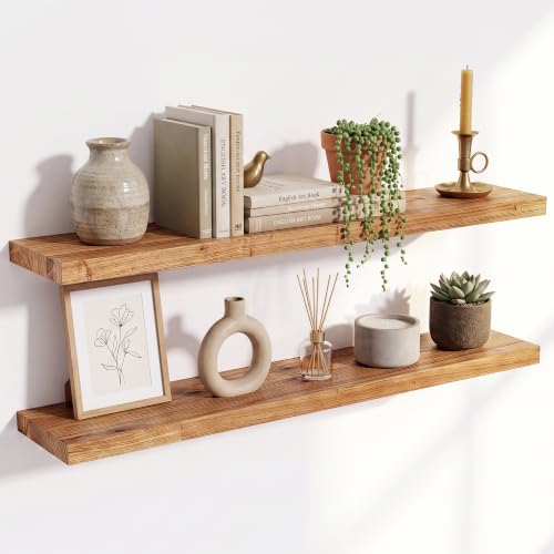 Image of Elm Floating Shelves for Wall - 40 in Rustic Solid Wood Shelves with Heavy-Duty Invisible Bracket, Wall-Mounted Wooden Shelf for Living Room, Bathroom, Kitchen Storage & Display, Set of 2, Natural
