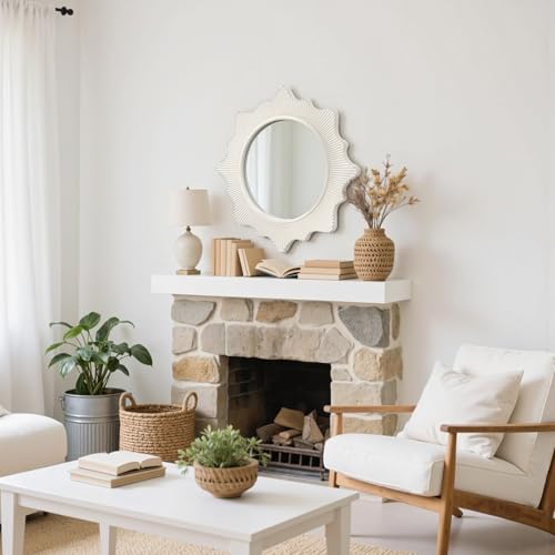 20" Boho Circle Wall Mirror White Wooden Framed Sun Mirror Round Bathroom Mirror Decorative Hanging Vanity Mirror with Tassels Nursery Mirrors for Girl Living Room Bedroom Entryway - Image 6