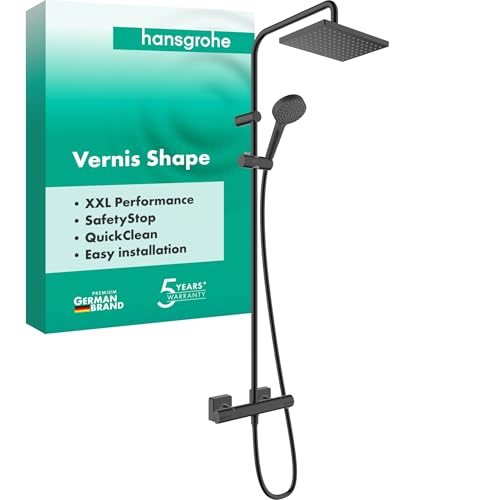 hansgrohe Vernis Shape - Duschsystem mit Thermostat Regendusche (230 x 170 mm) mit Armatur Handbrause (2 Strahlarten) Schlauch Brausestange und eckiger Kopfbrause Mattschwarz 26286670