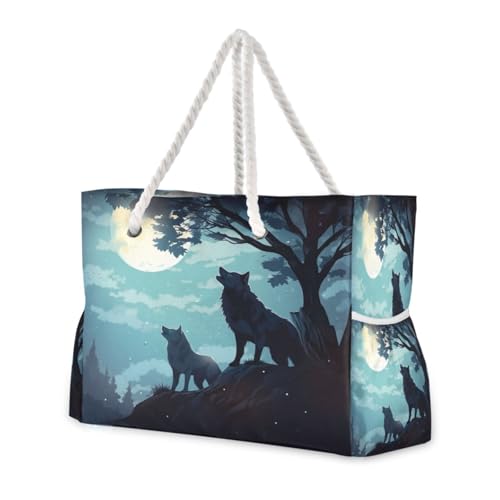 ATTX Evening Moon Wolf Beach Bags for Women - Large Beach Bags with Zipper Waterproof Sandproof Swim Pool Bag Large Tote#31