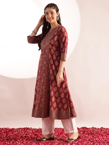 Image of Vbuyz Women's Floral Print A-Line Cotton Stitched Kurta