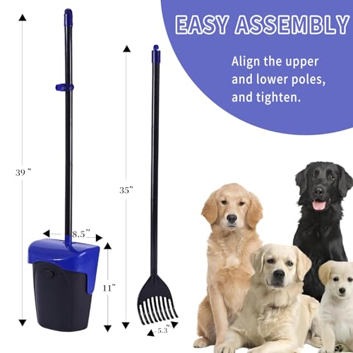 Image of Pooper Scooper Large Swivel Bin & Rake with 160 Waste Bags,Heavy Duty Dog Pooper Scooper with Bag Attachment for Large Small Dogs, Long Handle Poop Scooper with Lid for Yard, Grass, Gravel (Blue)