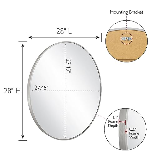 Design House Kenna Round Wall Accent Mirror – 28-Inch, Modern Metal Framed – Living Room, Bedroom, Bathroom Vanity Mirror – Silver, 587196-SLV