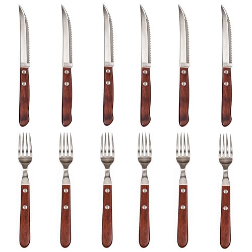JP Sales Cubiertos para carne acero inoxidable madera 12 piezas con cuchillos carne 6 piezas y 6 piezas de tenedores de...
