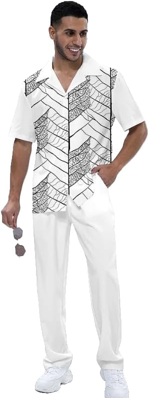 Men's printed short sleeved shirt long pants two-piece set button lining top loose pants summer beach vacation set