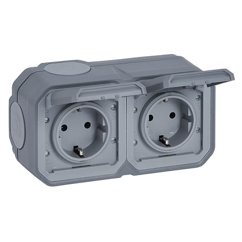 LEGRAND, Plexo New 069742L - Toma de corriente (2 enchufes, estándar Schuko, incluye tapa abatible, protección táctil, precableado, terminales horizontales, IP44 - IK07), color gris
