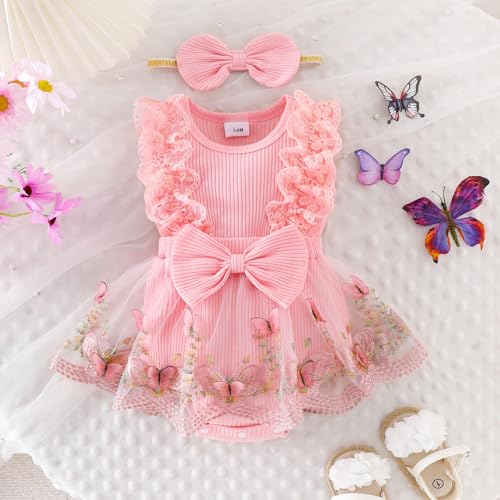 Baby Girl Clothes Infant Summer Outfits Cute Butterflies Mesh Ruffle Sleeveless Romper Headband Set 0-12 Months2