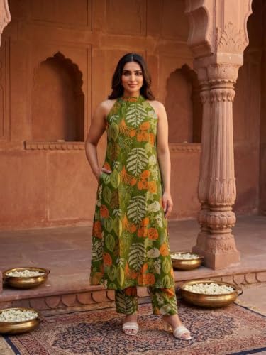Image of OOMPH! Women's Hulter Neck Kurta & Bottom Set | Straight Kurta Outfits | Ethnic Set | Kurti Set for Woman