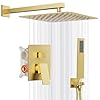 Gold shower system 10 square rainfall shower head with handheld combo spray bathroom brushed gold shower faucet set with valve 59 shower hose shower trim kit and diverter wall mounted  urban country home decor