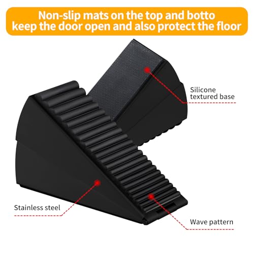 Image of Strongest Adjustable Spring Loaded Large Door Stopper - Heavy Duty Tall Door Stop Wedge for Bottom of Doors, Up to 3 Inches, Stainless Steel (Black, 2 Pack)