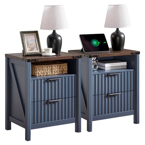 BuildHom Fluted Nightstand with Charging Station - 20-inch Farmhouse End