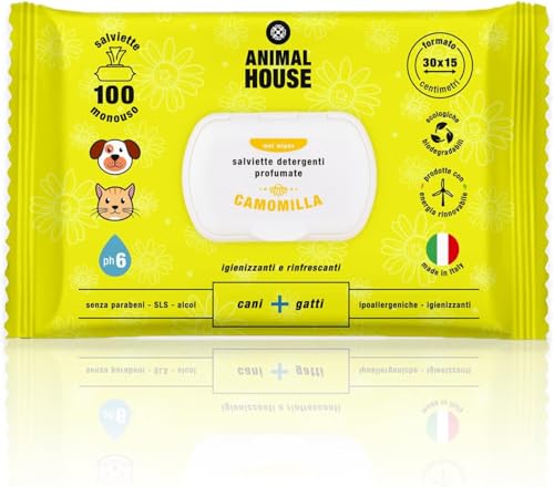 Animal House Salviette alla Camomilla 100pz Salviette Naturali Idratanti e Lenitive, Biodegradabili e Ipoallergeniche, per la Pulizia Quotidiana di Cani e Gatti