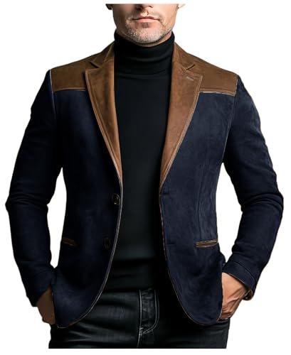 VENNYNG Men's Faux Suede Suit Jacket with PU Leather Shoulder Patchwork Motorcycle Coat