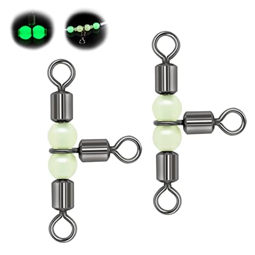 Goture Fishing Swivels,3 Way Swivels Fishing Tackle,T Shape Cross Line Rolling Swivels with Luminous Beads Saltwater Freshwater,Three Way Fishing Swivels Barrel Swivels for Catfish Rig(3 * 4,30pcs)
