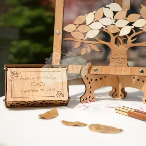 Image of Personalized Maple Tree Wedding Guest Book Alternative, Fall Leaf Drop Box | Rustic fall wedding guest book alternative; guests drop wooden leaf hearts into personalized maple tree keepsake box