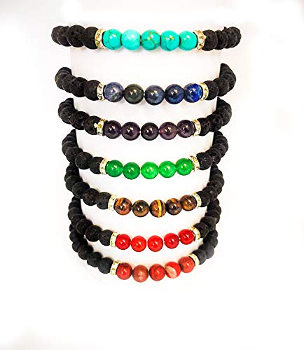 FASHIONZAADI Lava Gemstone Bracelet Reiki Healing Chakra Balancing Men Yoga Beads Stylish Unisex Bracelets Semi Precious Gems Jewelry Adjustable Handmade Gift Good Luck Wealth Prosperity Stone 7 Pcs Set