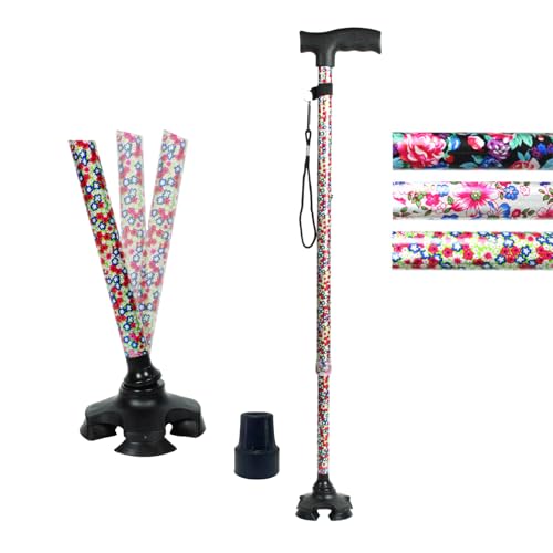 BeGrit 伸縮ステッキ 花柄 自立式 4点杖 軽量 11段階調節 杖 四本足 介護 杖 70-94cm 身長142～188cm 杖 女性用 高齢者 敬老の日 母の日 誕生日