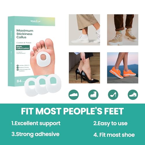 Image of Welnove 84pcs Callus Pad with Water-Resistant Self-Stick Adhesive, Protects Foot, Heel and Toes from Rubbing and Friction,Oval Shape Design,Reduce Pressure and Friction from Shoes Rubbing-White