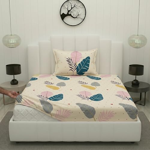 Image of Filymore Single Fitted Bedsheet with 1 Pillow Cover | Cream Leaf Print Bed Sheet for Single Bed | 240 TC Soft Microfiber Elastic Fitted Bedspread Size 72 x 36 Inch | Blue & White