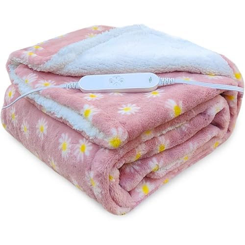 GOQO TOMO Electric Heated Blanket 50″ x 60″ Throw Blanket with 12 Heating Levels for Home Office Use Pink Flower – F50