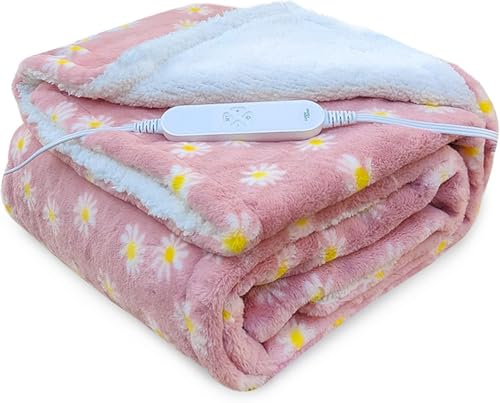 GOQO TOMO Electric Heated Blanket 50" x 60" Throw Blanket with 12 Heating Levels for Home Office Use Pink Flower - F50