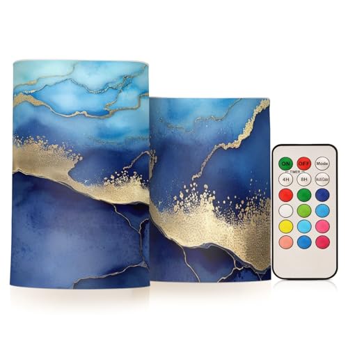 Image of YETTASBIN Blue Marble Flameless Candles with Remote Control and Timer, Adjustable Brightness Long Lasting Battery Operated LED Pillar Candles for Indoor Outdoor Party Holiday Home Decor, 2 Pack