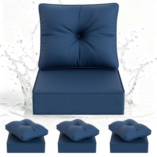 Image of DoCred Set of 4 Outdoor Chair Cushion, 6 inch Thick Patio Seat Cushion, Blue | 28D High Density Sponge Cushions & 7 inch Back Pillows with Fade and Water Resistant Cover for Patio Furniture Sofa Bench Swing