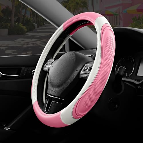 Road Comforts Car Steering Wheel Cover - Microfiber Leather Steering Wheel Wrap Sports 14.5-15 Inch Steering Wheel Cover Non-Slip for Men Women Pink & White Color