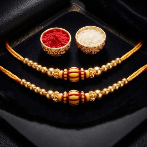 Image of Lucky Jewellery Set of 2 Traditional Gold Beaded Designer Rakhi for Brother with Auspicious Roli Chawal (18-S8R1-PA0213-2)