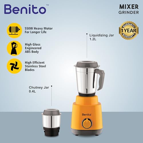 Image of Benito TURIN 550W Mixer Grinder with 2 SS Jars | Heavy-Duty Shockproof ABS Housing | Powerful Motor with Advanced Grinding Technology | Elegant Yellow & Gray Finish come with 1-Year Warranty
