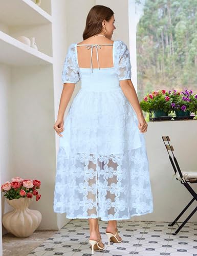 Image of EYWOL Formal Wedding Guest Cocktail Party Floral Embroidered Dress M-3XL | Embroidered,Floral,Sheer A-Line,Maxi,Sweetheart Neckline,Puff Sleeves,Tie Back, Parties,Wedding,Formal,Cocktail,Occasions