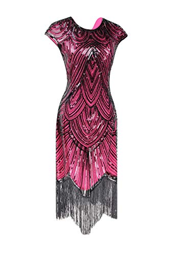 Letter Love Women 1920s Vintage Flapper Fringe Beaded Gatsby Party Dress With 20s Accessories Set (M, Hot Pink) - Thumbnail 3
