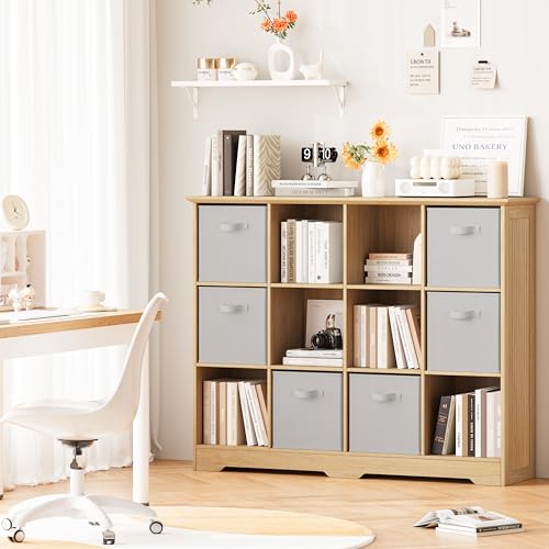 Image of 12 Cube Storage Organizer Shelf, Wood Cubby Storage with 6 Fabric Drawers, 3 Tier Wooden Bookshelf with 2 Adjustable Shelves & Fluted Side Panels for Bedroom, Living Room, Home Office, Wood