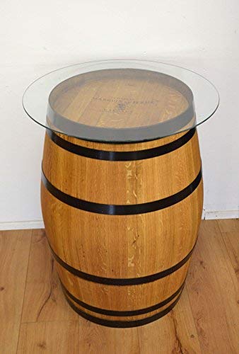 Temesso Dekofass, Stehtisch aus echtem Weinfass, Gartentisch mit Glas -Tischplatte D80cm - Fass in verschiedenen Variationen (Fass geschliffen + geölt mit schwarzen Ringen)