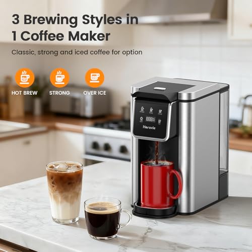 Image of Single Serve Coffee Maker for K-Cup Pod & Grounds, Hot and Iced Coffee Maker, 6 to 14oz Brew Sizes, 50oz Removable Reservoir, Strong Button Feature, Fit 6.5 inch Mugs, Stainless Steel, Black