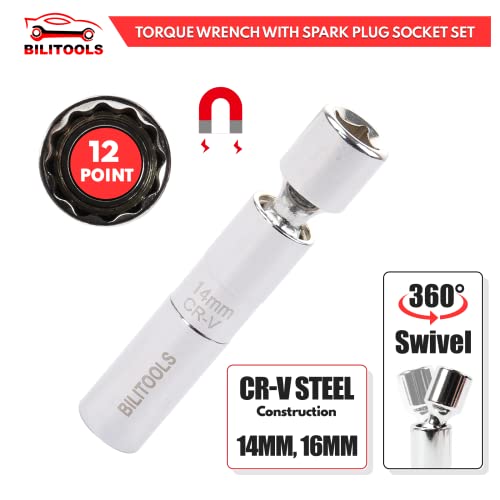 Bilitools 9-Piece Spark Plug Socket Set With 3/8 Inch Drive Click Torque Wrench, 10-45 Ft-Lbs (13.5-61Nm), Cr-V Steel #TOP2