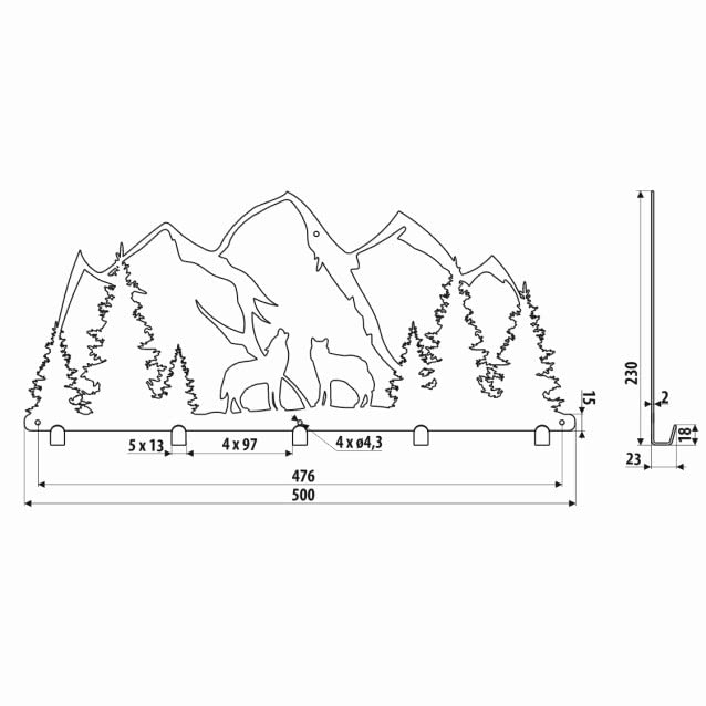 gamet perchero WS101 de acero para pared, perchero modelo: lobos, montaña y bosque, color negro, 50 x 24 cm, 1 unidad
