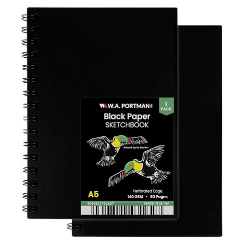 WA Portman 2 Pack Black Paper Sketchbook - A5 Sketchbook with Black Drawing Paper - Black Paper Journal with Black Art Paper - 60 Page Black Paper Notebook - Black Sketchbook with Black Notebook Paper
