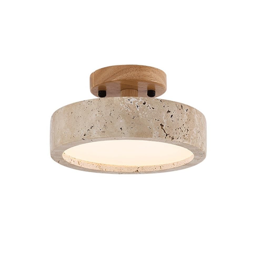 LUOYAOB Modern Travertine Flush Mount Ceiling Light Natural Stone and Wood Round Close to Ceiling Lamp Minimalist Lighting Fixture for Entryway Hallway Balcony Kitchen