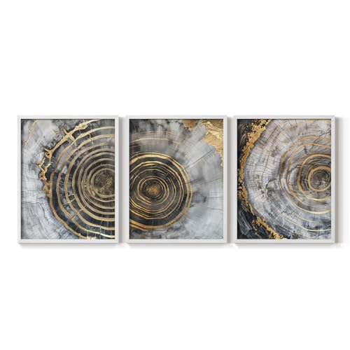 Renditions Gallery Set of 3 Peel & Stick Framed Prints, Abstract Wall Art, Golden Grey Wood Texture Wall Decor, Re-Stickable - Ready to Hang - 16"x20" - White Frame LT597