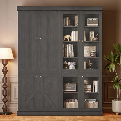 Image of Vyre 70.8 inch Tall Farmhouse Bookshelf, Modular Bookcase with Glass Doors, 6-Tier Adjustable Shelves, Large Storage Cabinet for Kitchen, Living Room, Black, Set of 2