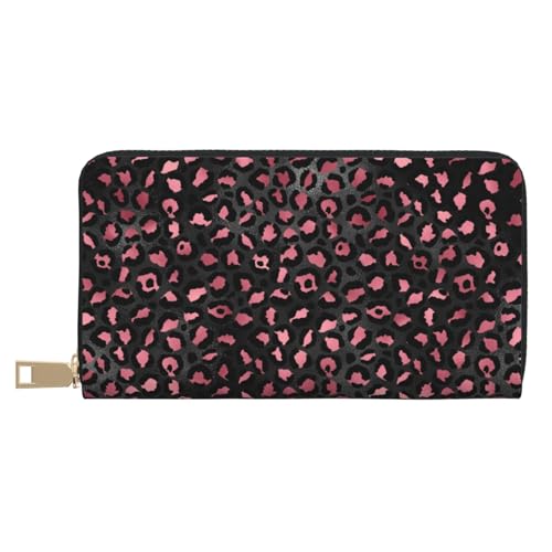 Leather Thin Slim Wallets for Women & Men - Black pink leopard print Card Wallet Holder with Zipper