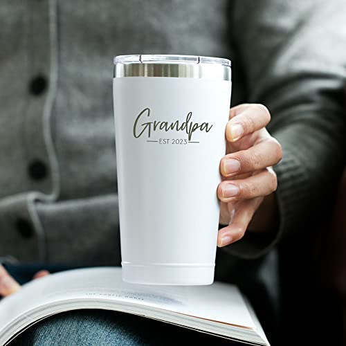 Gifts For New Grandpa - Grandpa Est. 2023-16 Oz White Insulated Stainless Steel Tumbler W/Lid For New Grandpas - First Time Grandpa Gifts Coffee Tumbler - Grandpa Grandparents Announcement Gifts #TOP5
