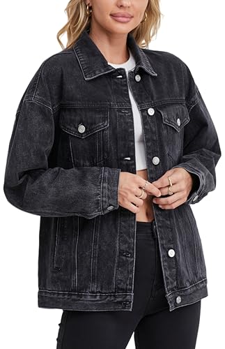 Muundim Chaqueta de mezclilla para mujer, chaqueta de mezclilla de moda de gran tamaño, holgada, larga, estilo novio, chaqueta de mezclilla, Negro, M