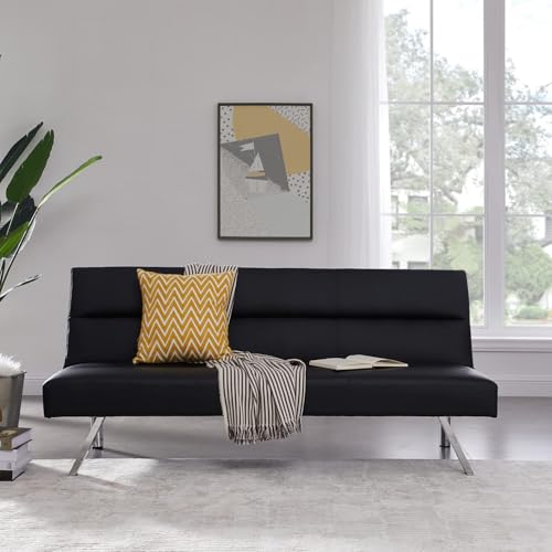Naomi Home Zoe Futon Sofa Bed, Black Faux Leather, 3-Position Convertible, Space-Saving, 68.9" W