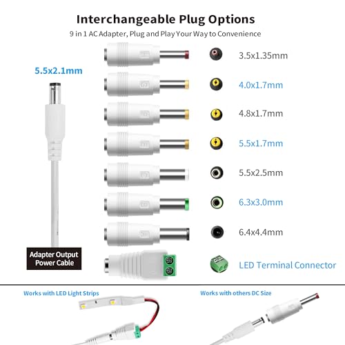 Tonton Universal 12V 1A Netzteil Weiß, Extra 3 Meter Kabellänge, 12V AC DC Netzadapter 1A 800mA 500mA Transformator mit 8 Steckers für LED Streifen Lautsprecher CCTV Überwachungskamera Fan (DC12V~1A)